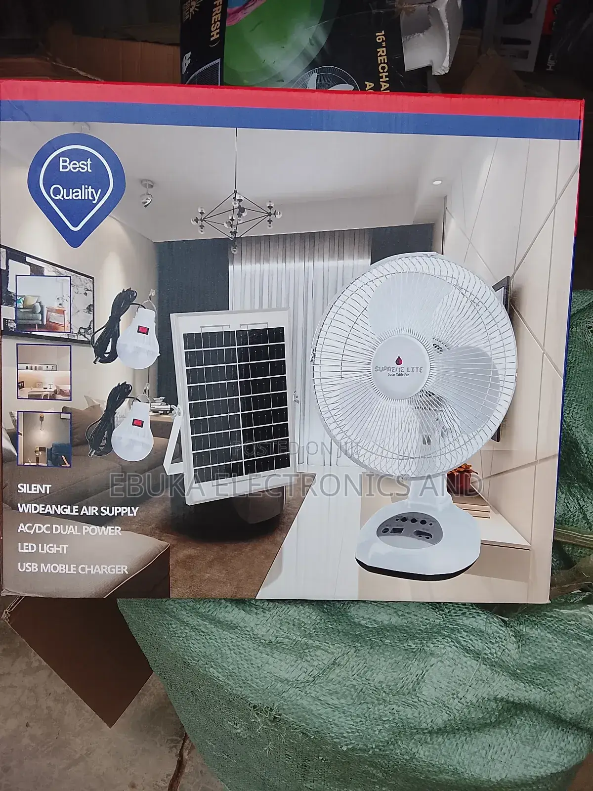 12 Inches Table Rechargeable Fan With Solar Panels and 2 Bulbs