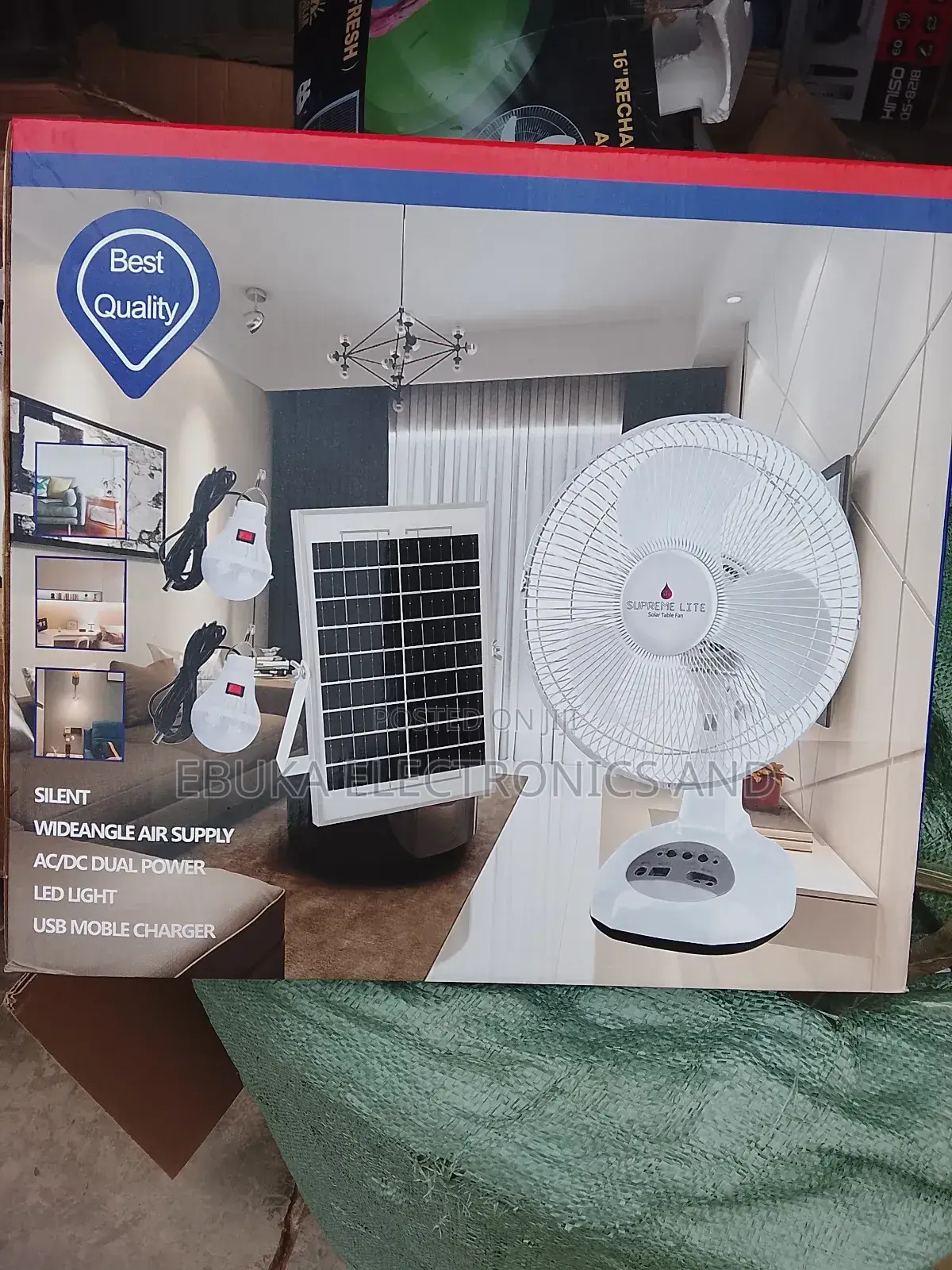 12 Inches Table Rechargeable Fan With Solar Panels and 2 Bulbs