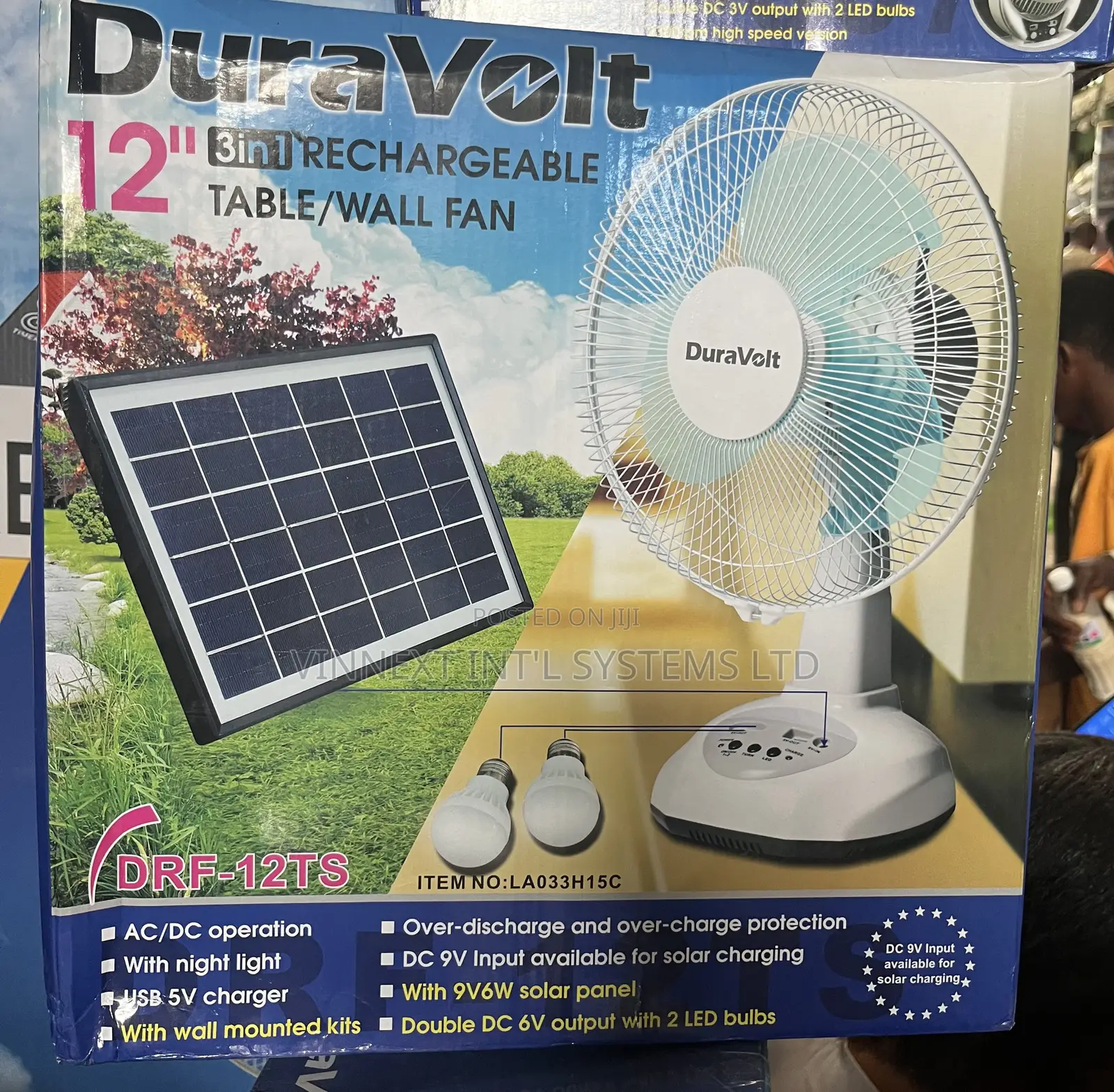Duravolt 12" 3-in-1 Rechargeable Table/Wall Fan