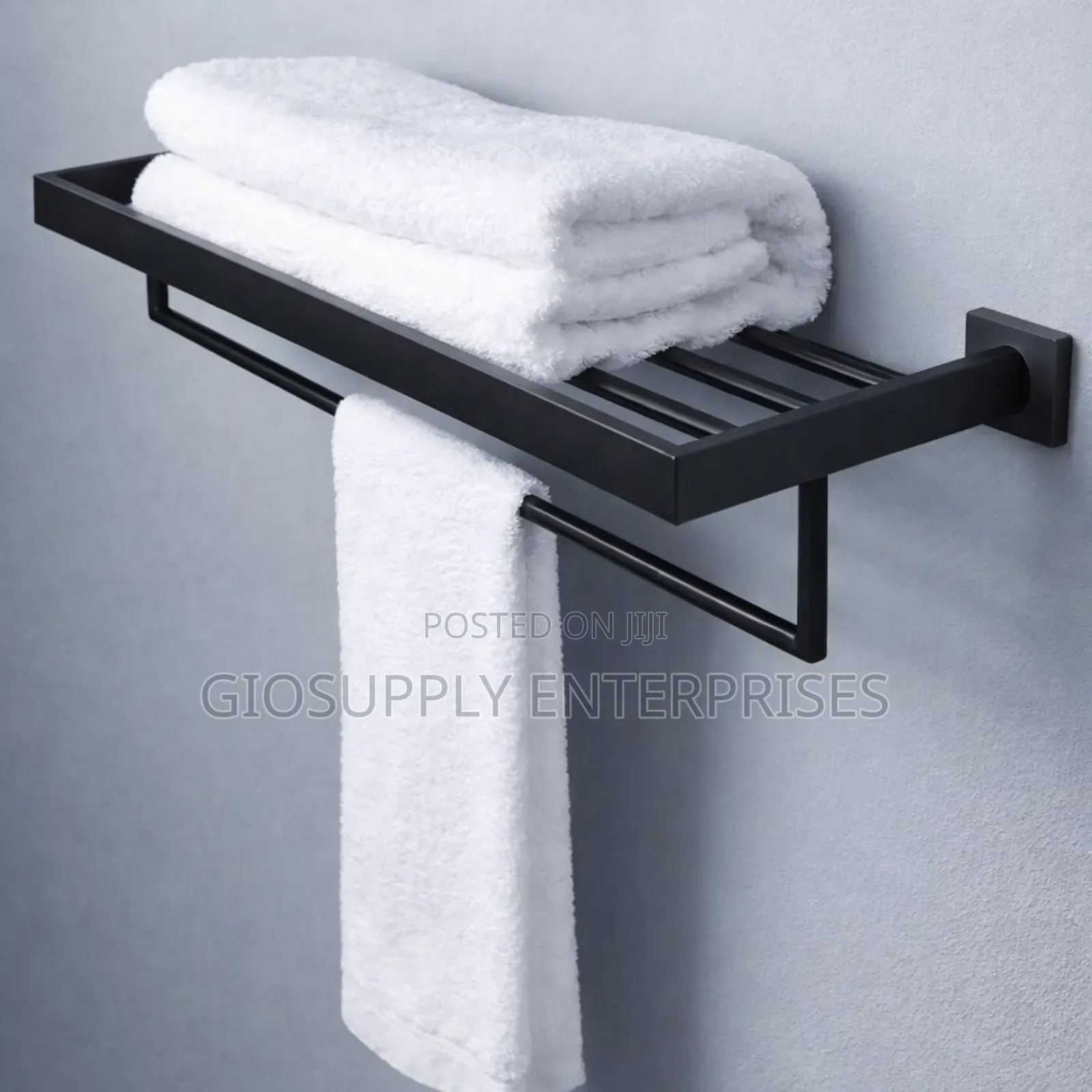 Wall-Mounted Black Towel Rack Shelf Constructed From Stainless Steel