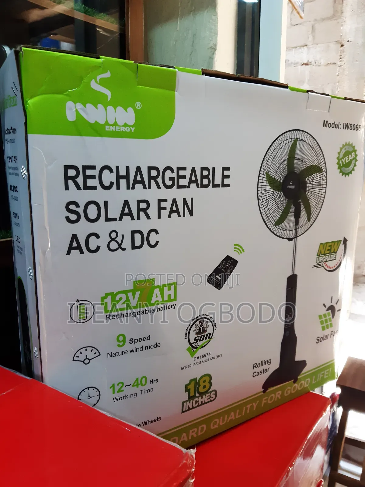 Rechargeable Solar Fan Ac and Dc 18inch Iwin