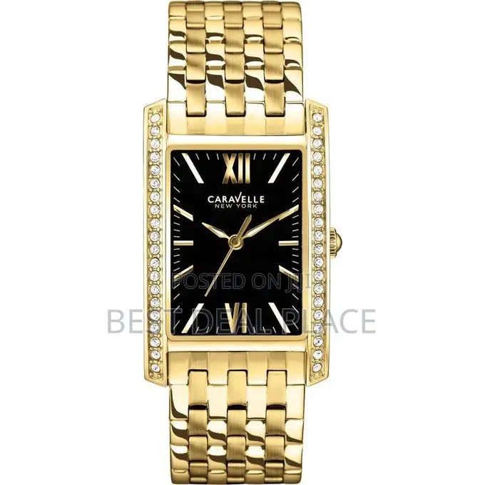 Caravelle Womens Crystal New York Black Dial Gold Plated Steel Watch