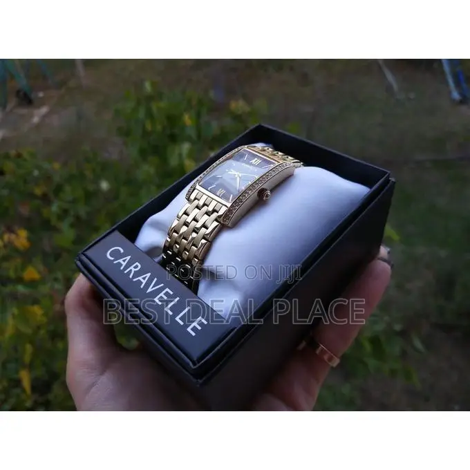 Caravelle Womens Crystal New York Black Dial Gold Plated Steel Watch