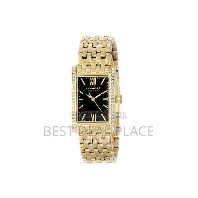 Caravelle Womens Crystal New York Black Dial Gold Plated Steel Watch