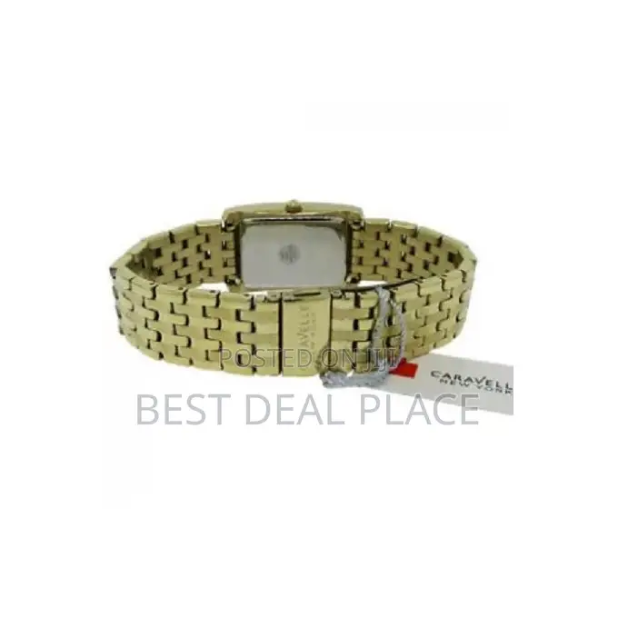 Caravelle Womens Crystal New York Black Dial Gold Plated Steel Watch