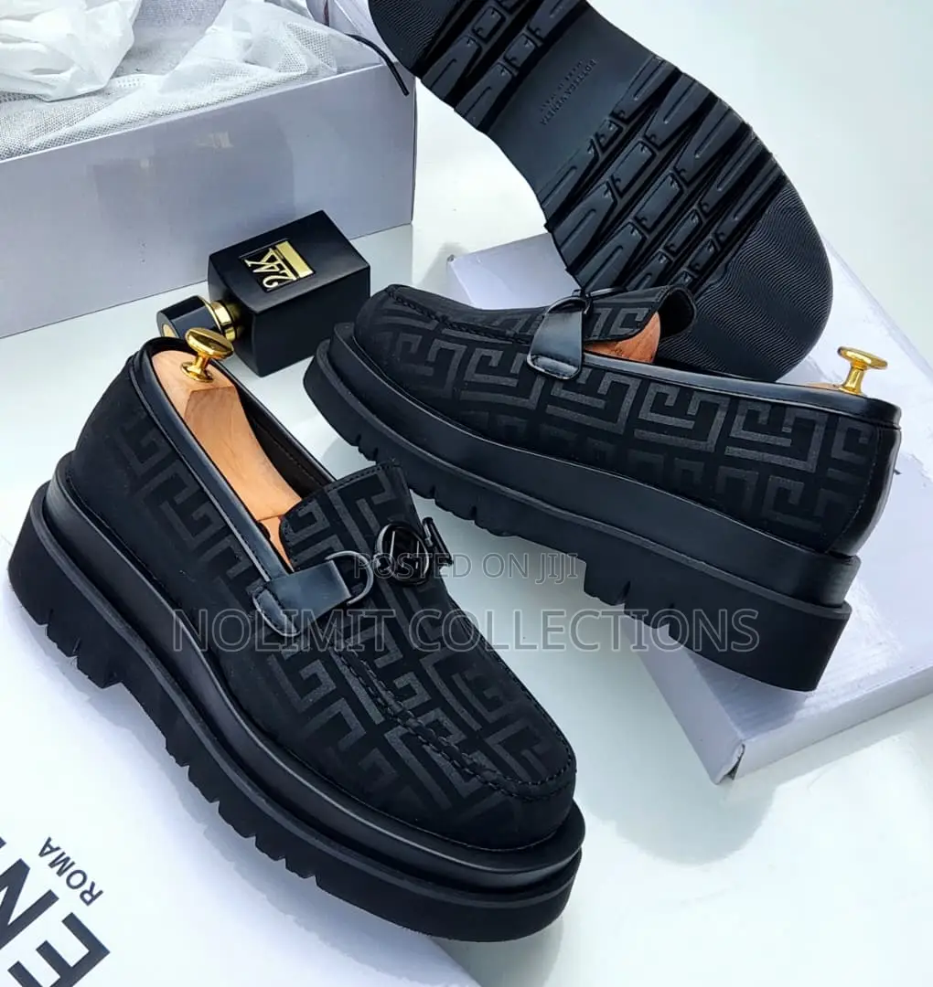 Black Fendi Patterned Leather Loafers With Double Sole