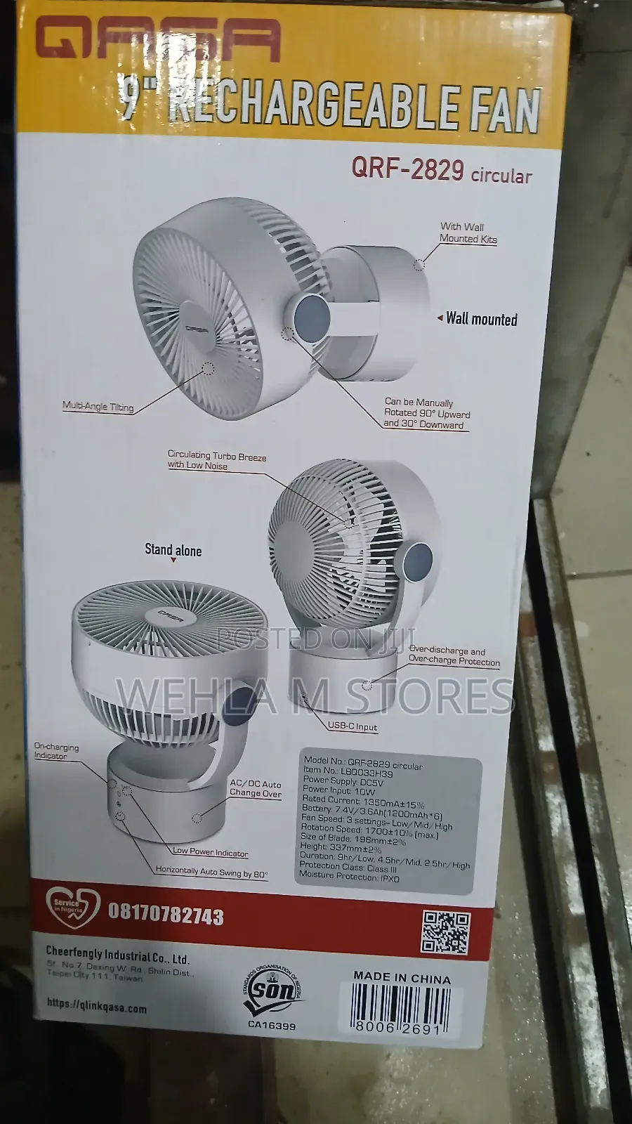 Qasa 9" Rechargeable Fan - QRF-2829 Circular (Wall/Table Fan)