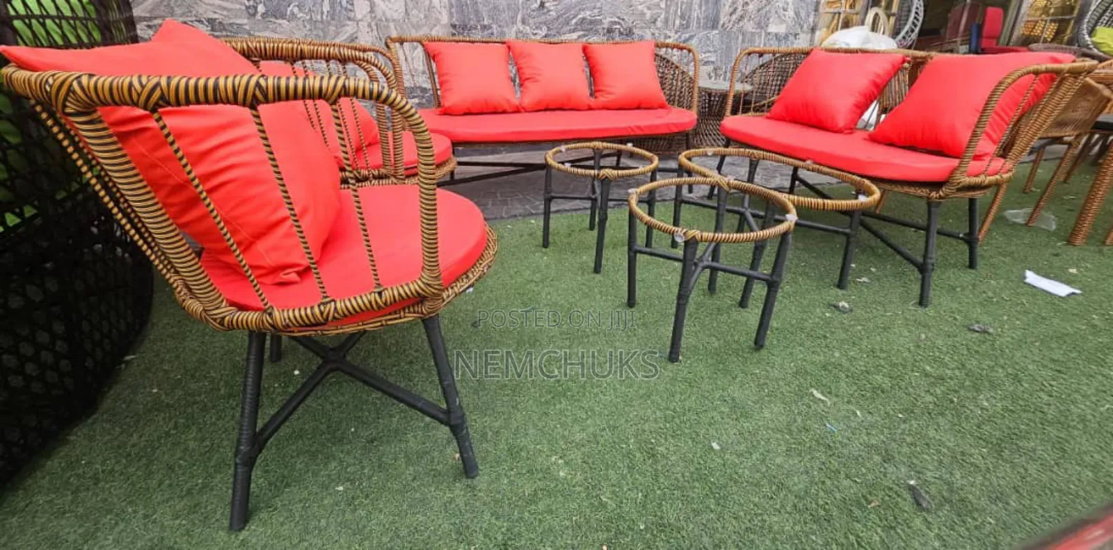 Outdoor Rattan Sofa Set With Armrest and Matching Coffee Tables