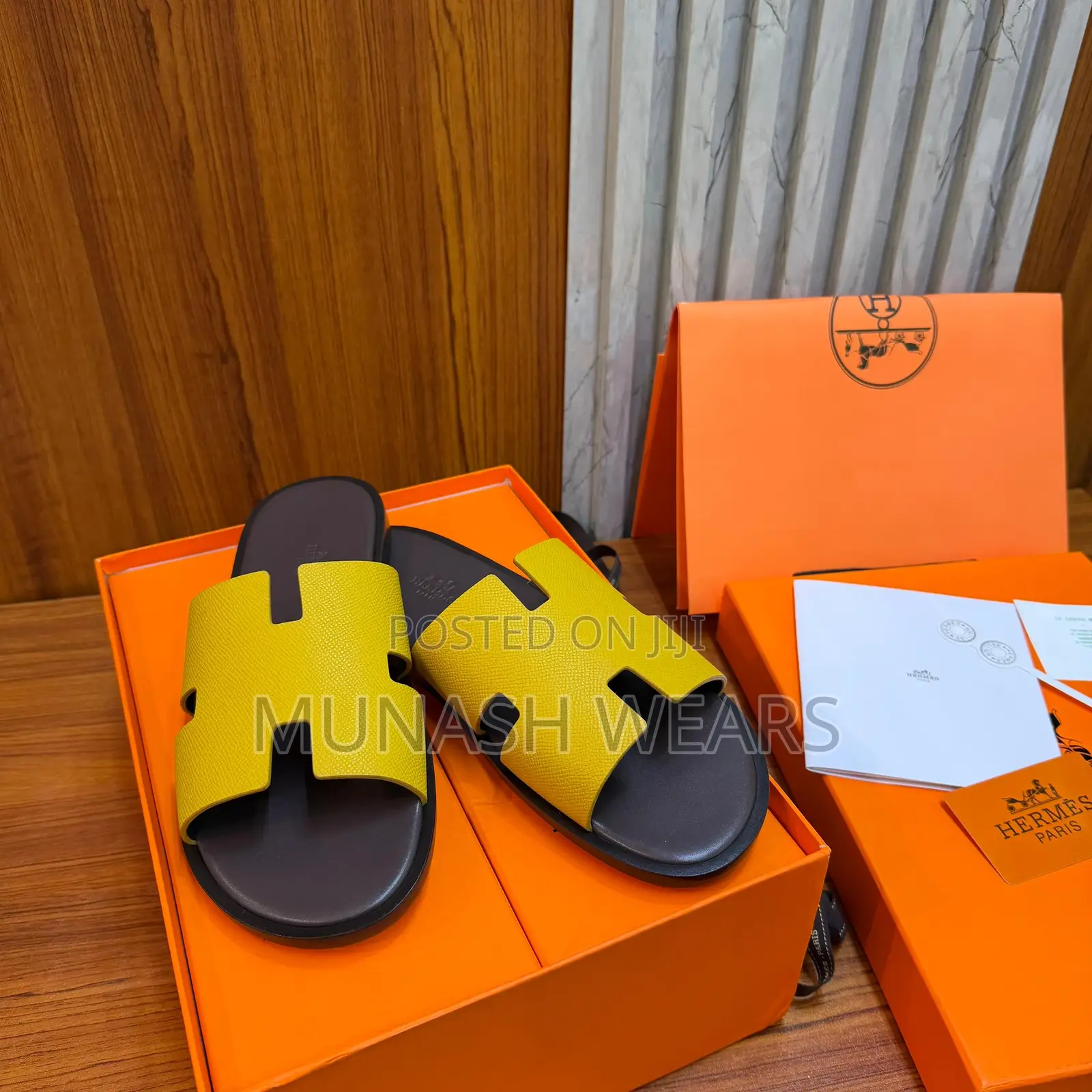 Hermes Skin Yellow Slipers Original Leather 40-47