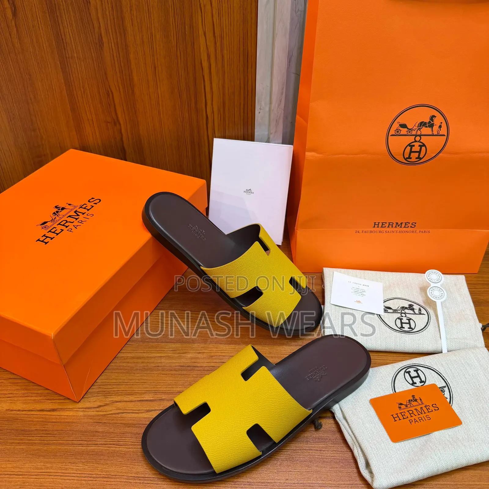 Hermes Skin Yellow Slipers Original Leather 40-47