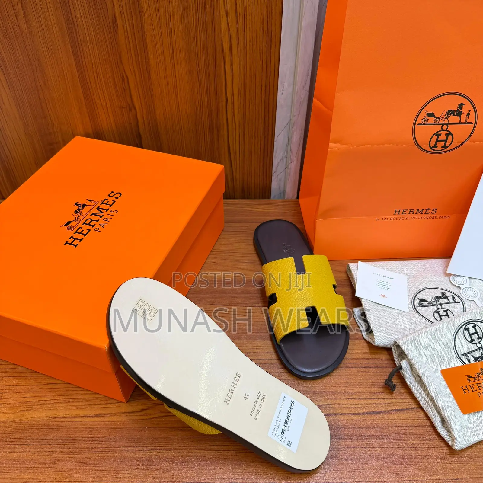Hermes Skin Yellow Slipers Original Leather 40-47