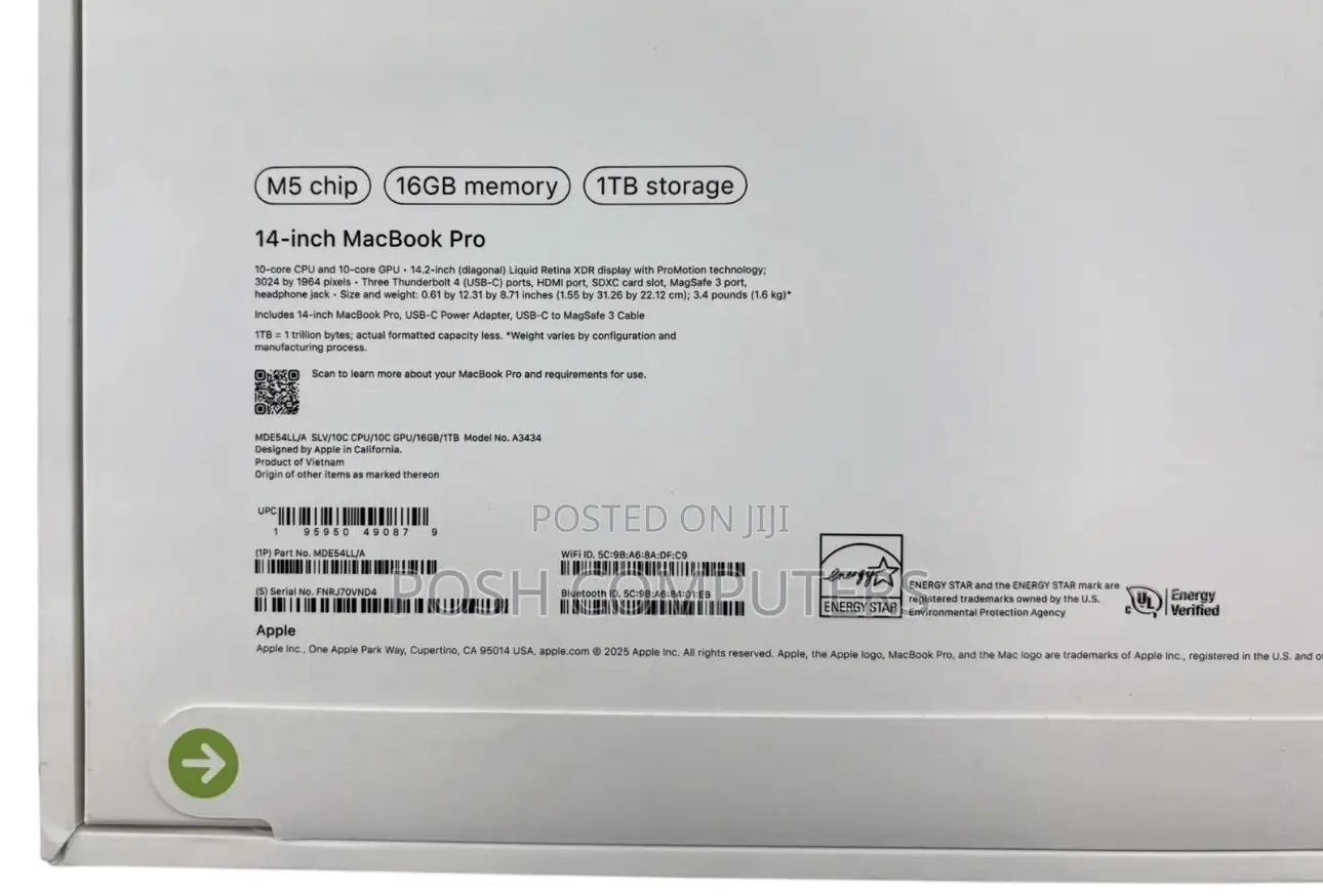New Laptop Apple MacBook Pro 2025 M5 16GB Apple M5 SSD 1T