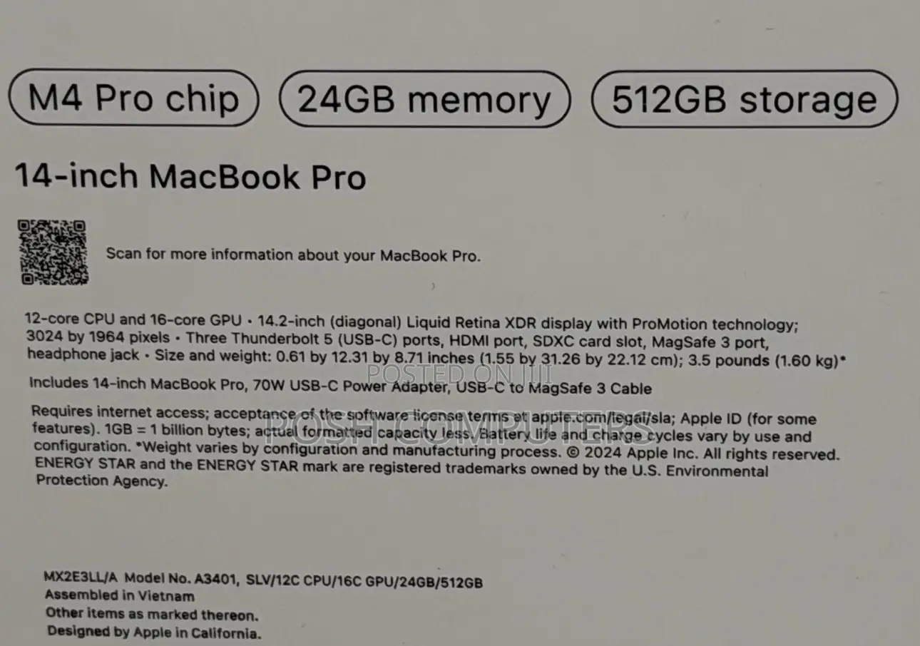 New Laptop Apple MacBook Pro 2024 M4 Pro 24GB Apple M4 Pro SSD 512GB