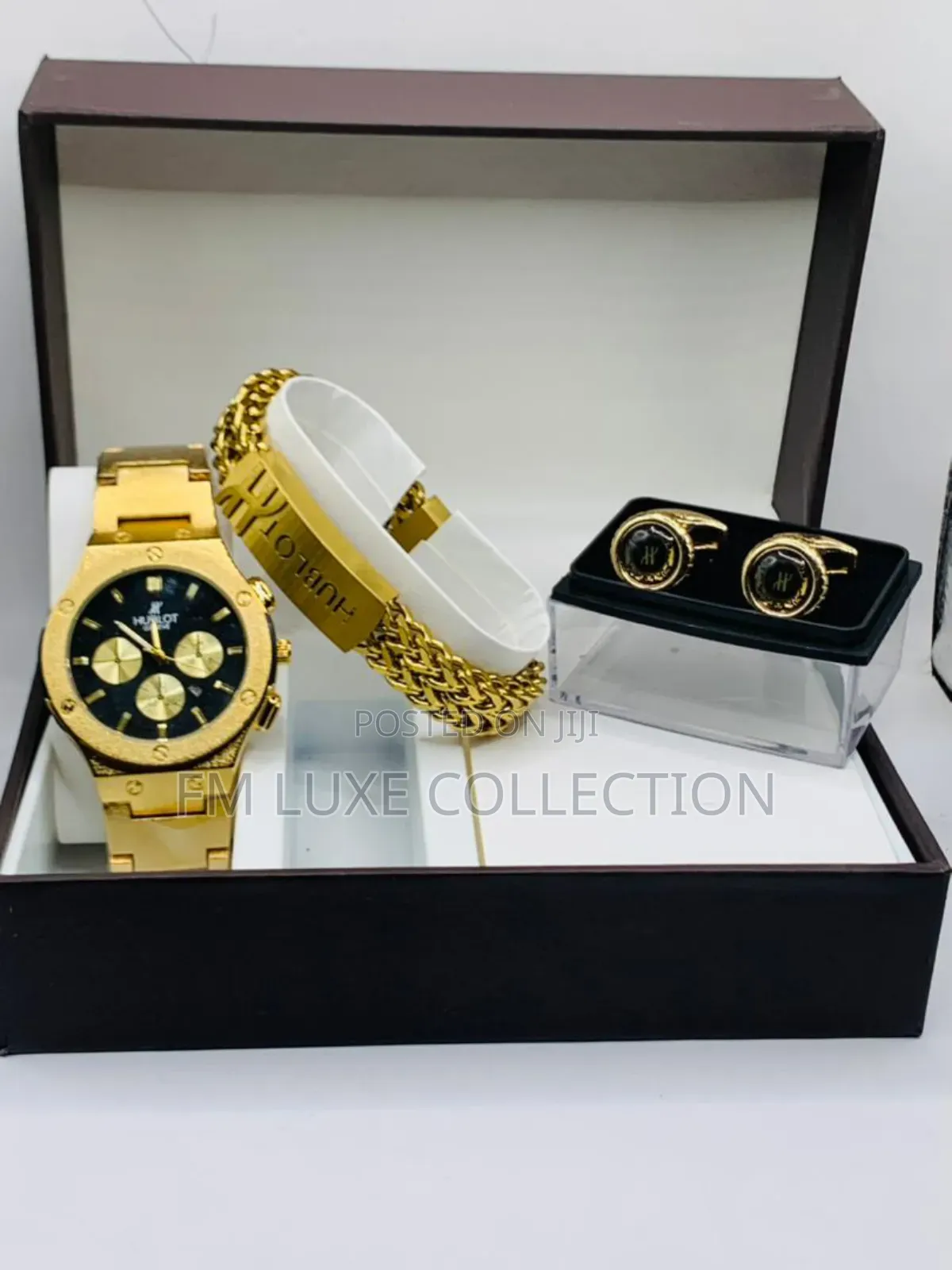 Men Wristwatch With Bracelet and Cufflinks Combo