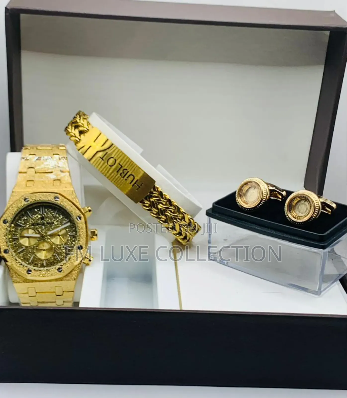 Men Wristwatch With Bracelet and Cufflinks Combo