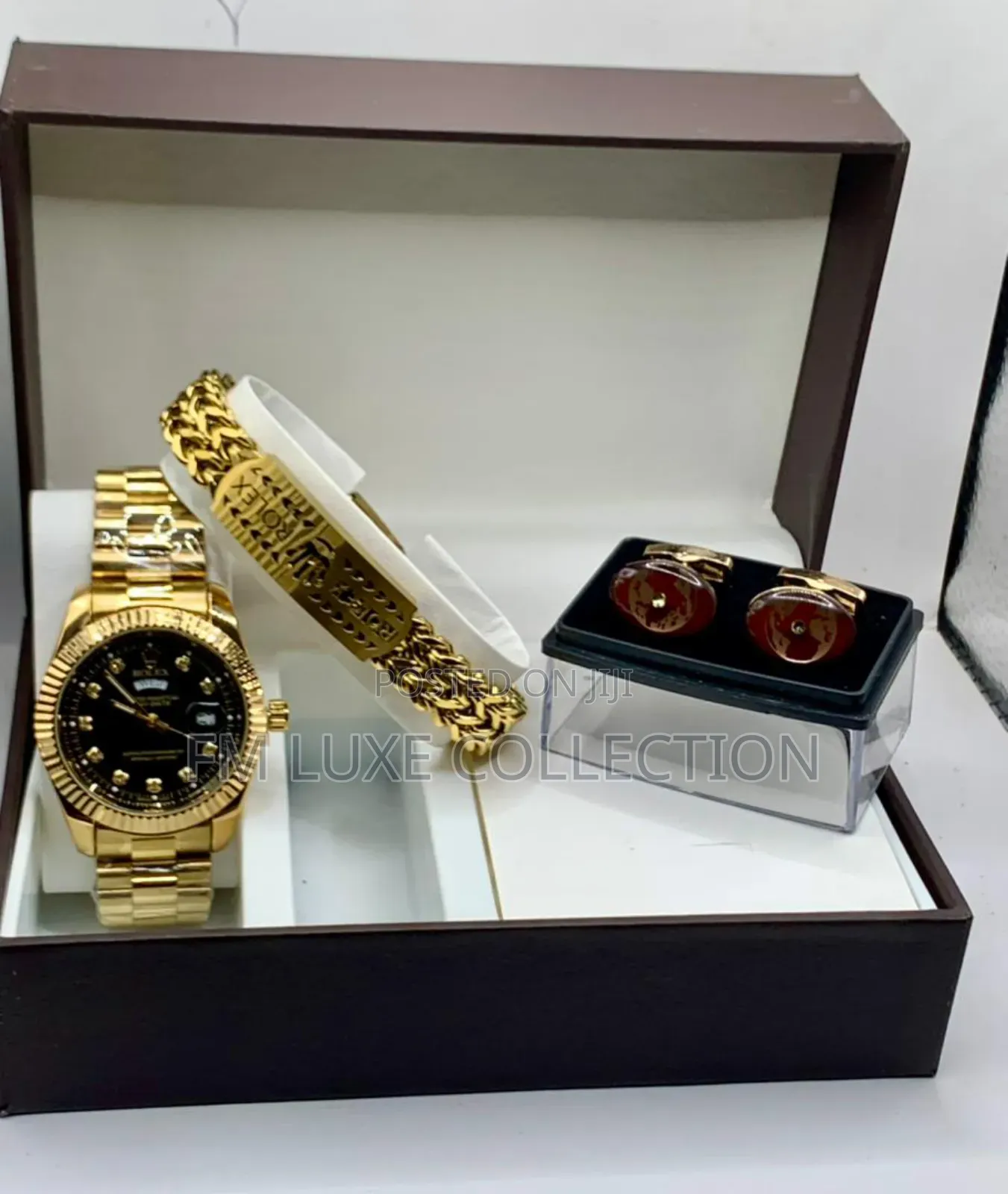 Men Wristwatch With Bracelet and Cufflinks Combo