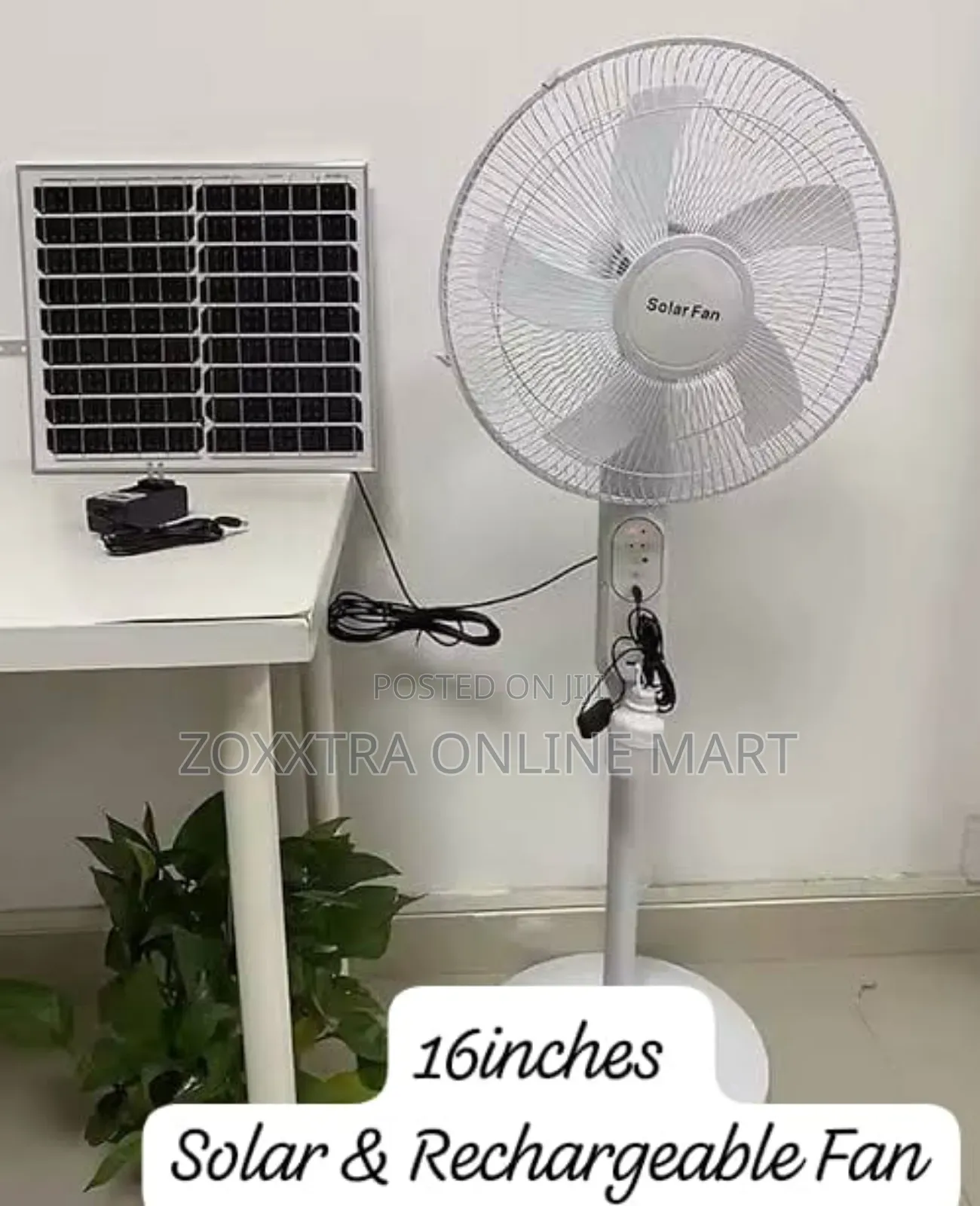 16in Solar Rechargeable Fan, With Bulb Panel