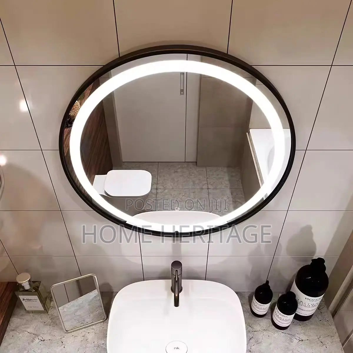 Round Black Led Mirror With 3 Light