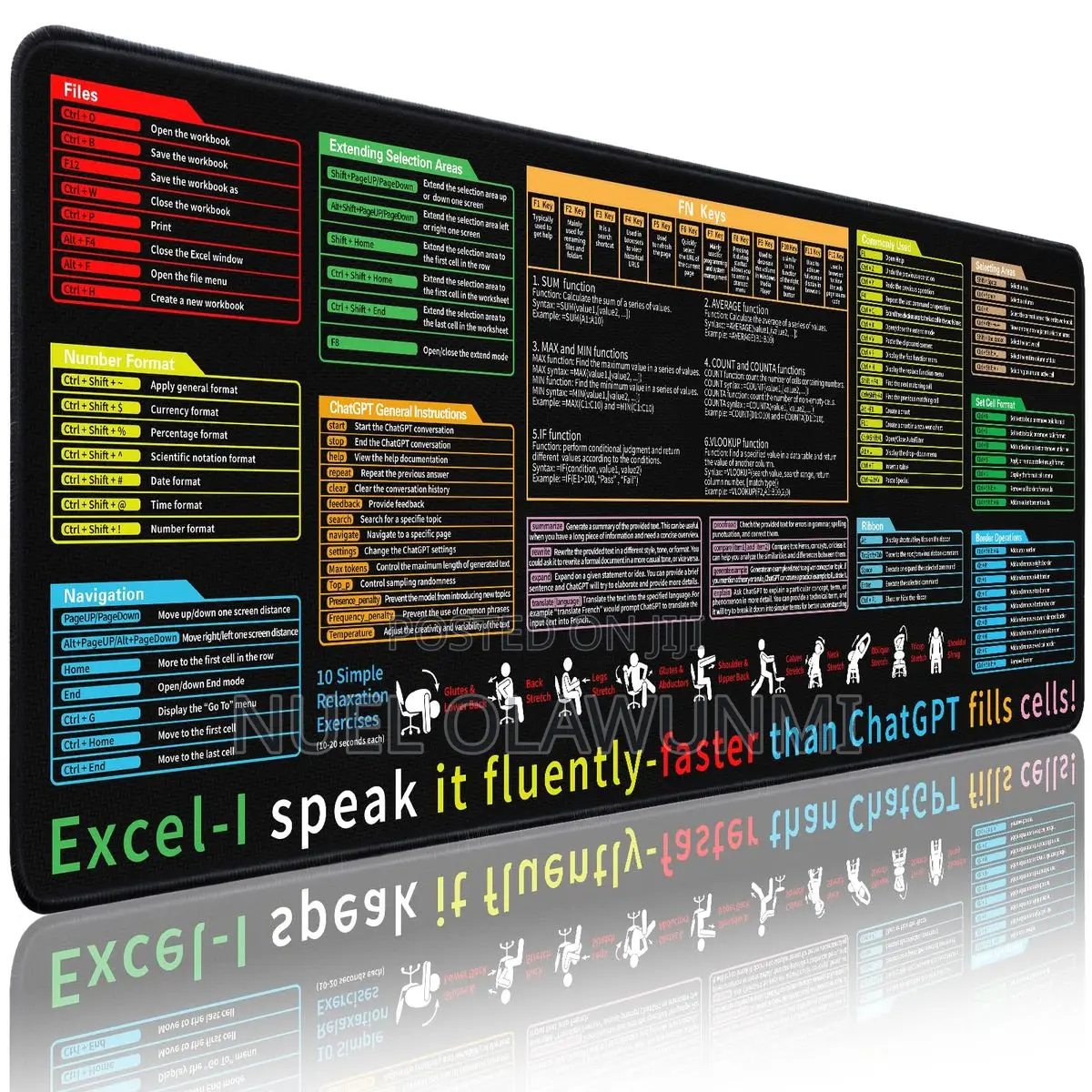 Black Oversized English Shortcut Mouse Pad Non‐Slip Desk Mat