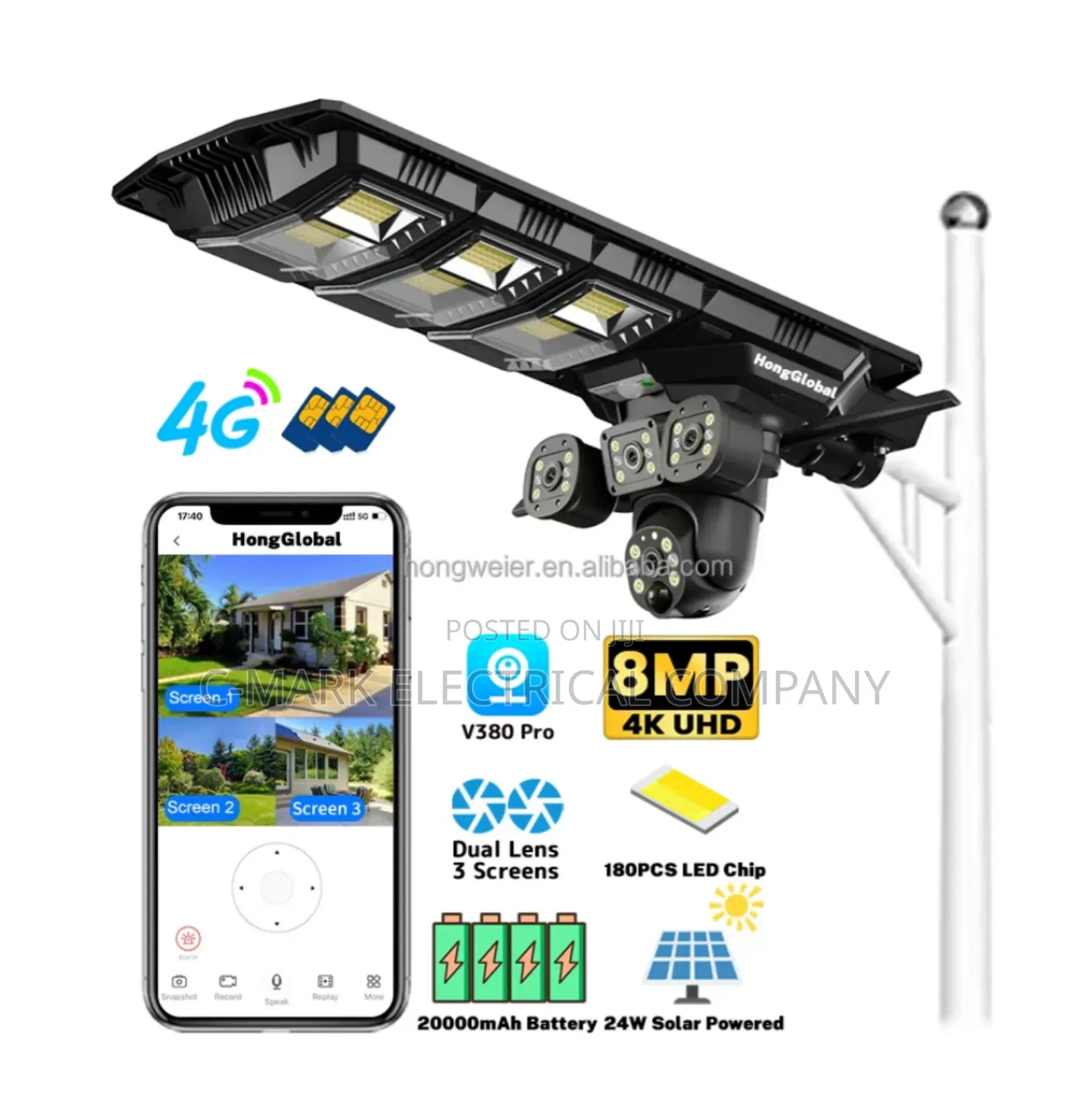 4g/5g Outdoor 2000w Solar Powered CCTV 3 Lens Camera Led Light 18mp
