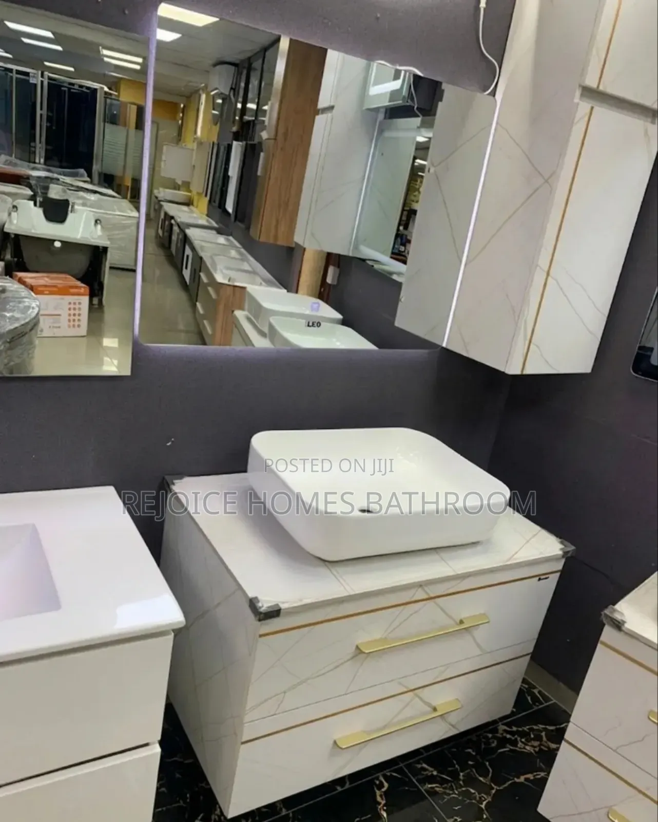 Luxury Marble-Pattern Bathroom Vanity Cabinet With Vessel Sink Basin