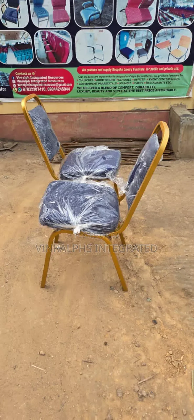 Blue Banquet Chairs With Large Seats and Gold Frame