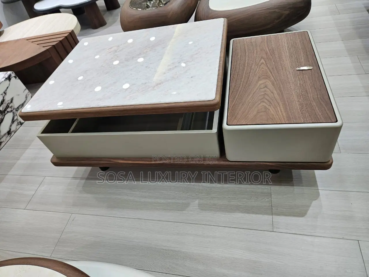 Modern Center Table With Led Lights Storage Drawer and Side Cabinet