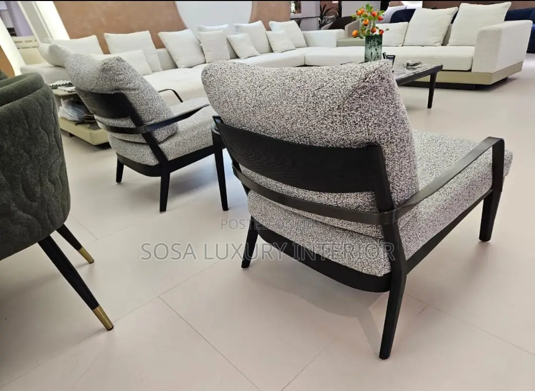Luxury Modern Armchair With Speckled Fabric and Black Wooden Frame