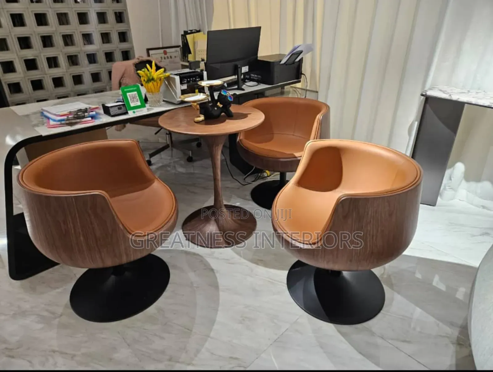 3 Premium Brown Swivel Lounge Chairs With Round Wooden Table