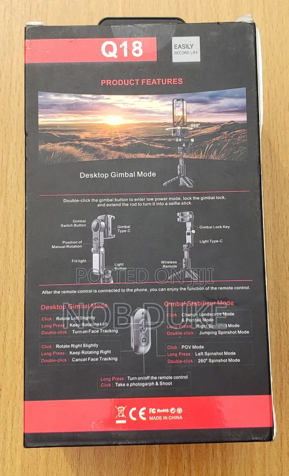 Q18 360° Rotating Gimbal Stabiliser Selfie Stick Tripod