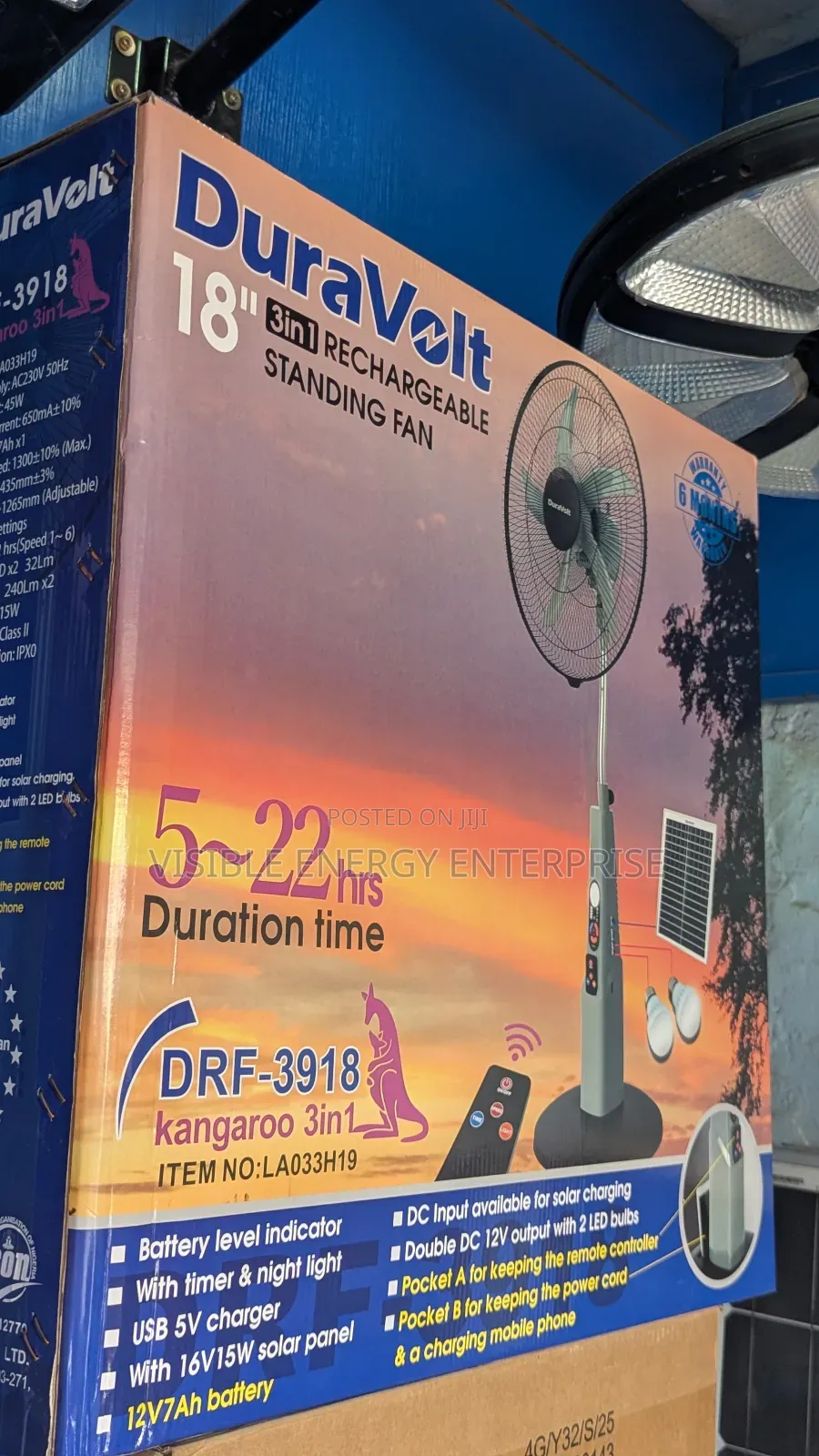 Duravolt 18" 3-in-1 Rechargeable Standing Fan (Model DRF-3918)