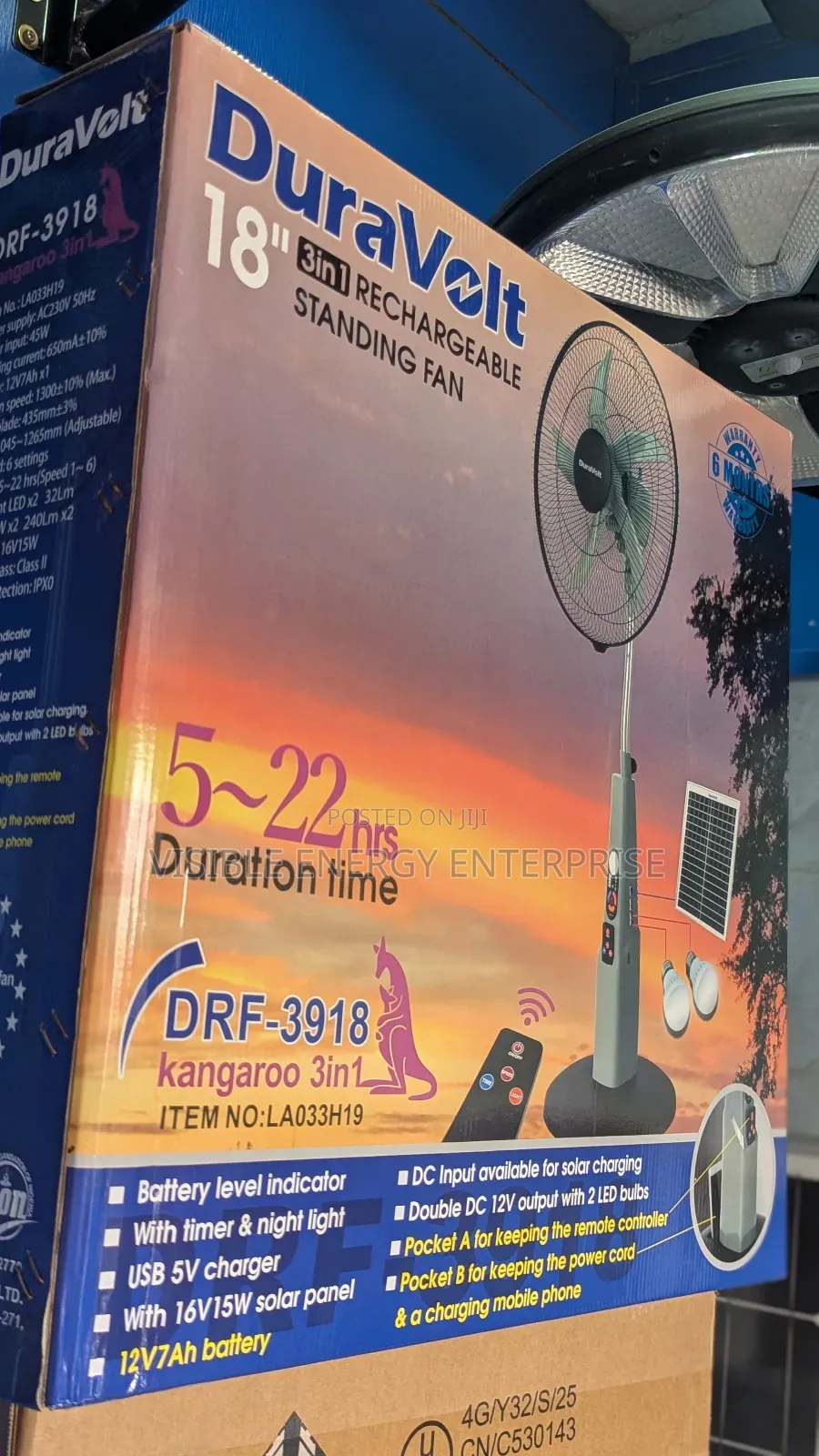 Duravolt 18" 3-in-1 Rechargeable Standing Fan (Model DRF-3918)
