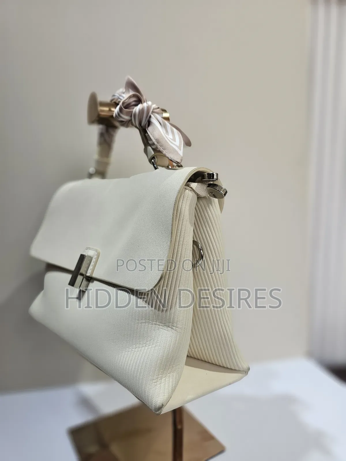 Off White Top Handle Bag With Scarf Detail