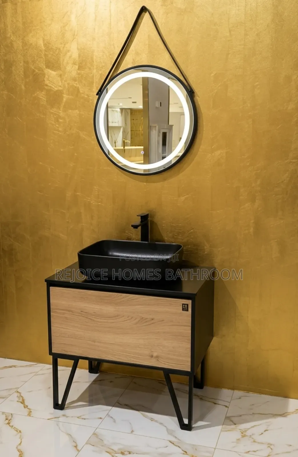 Luxury Oak and Black Bathroom Vanity Cabinet With Led Hanging Mirror