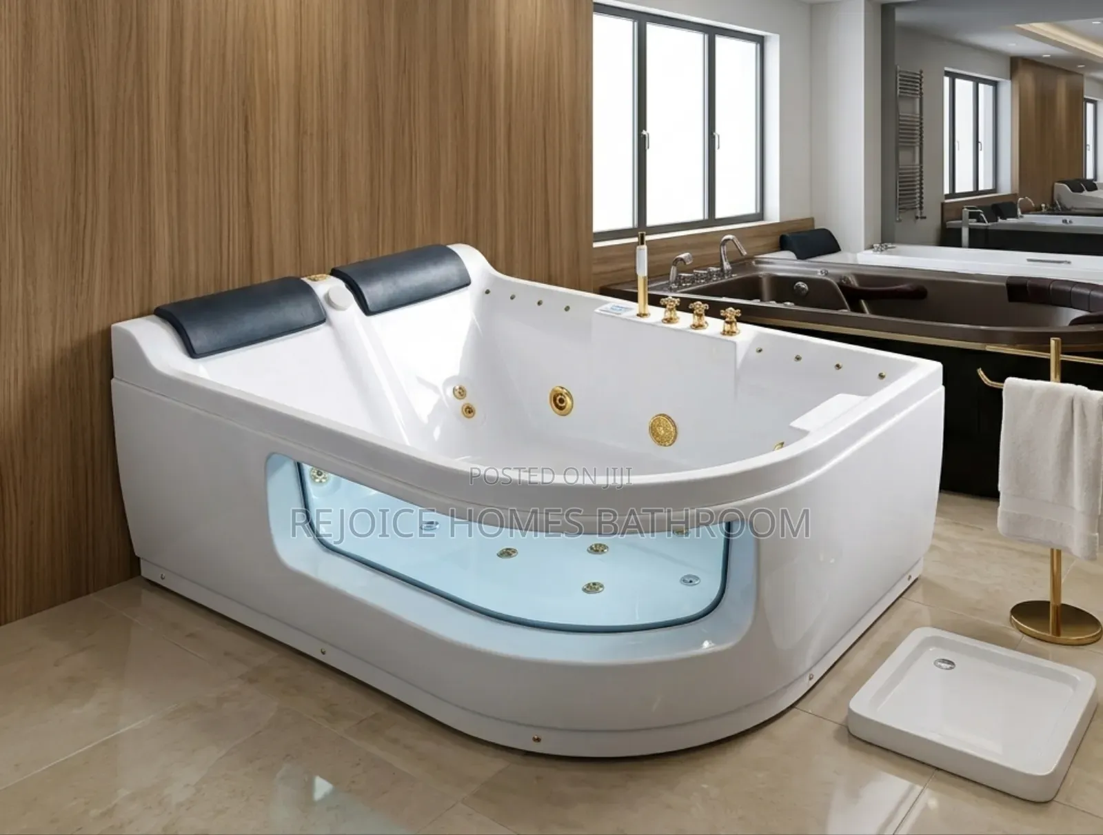 Luxury Corner Hydro-Massage Jacuzzi With Gold Accent and Viewing Glass