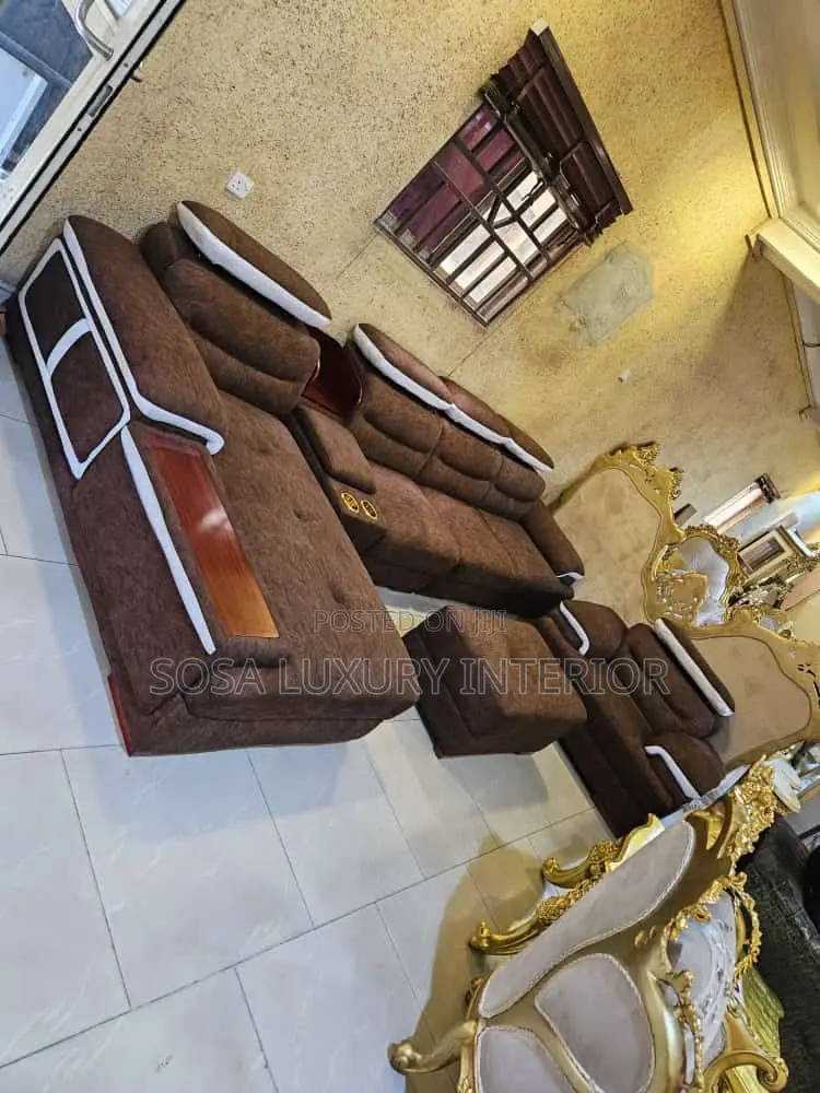 Premium Imported Luxury Brown 6-Seater Sofa Set With Gold Accents