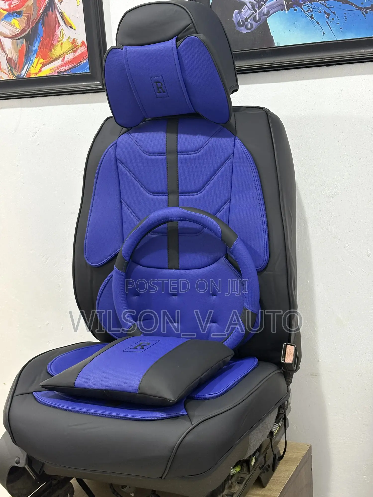 R Power High-Quality Leather Car Seat Cover - Blue and Black