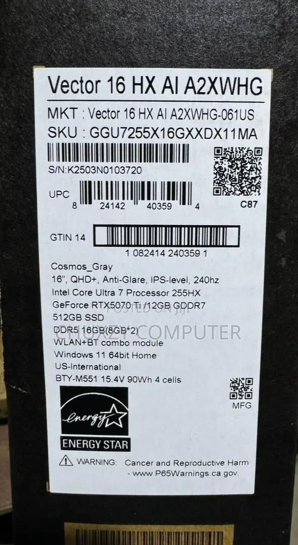 New Laptop MSI Vector 16 HX AI A2XWIG 16GB Intel Core Ultra 7 SSD 512GB