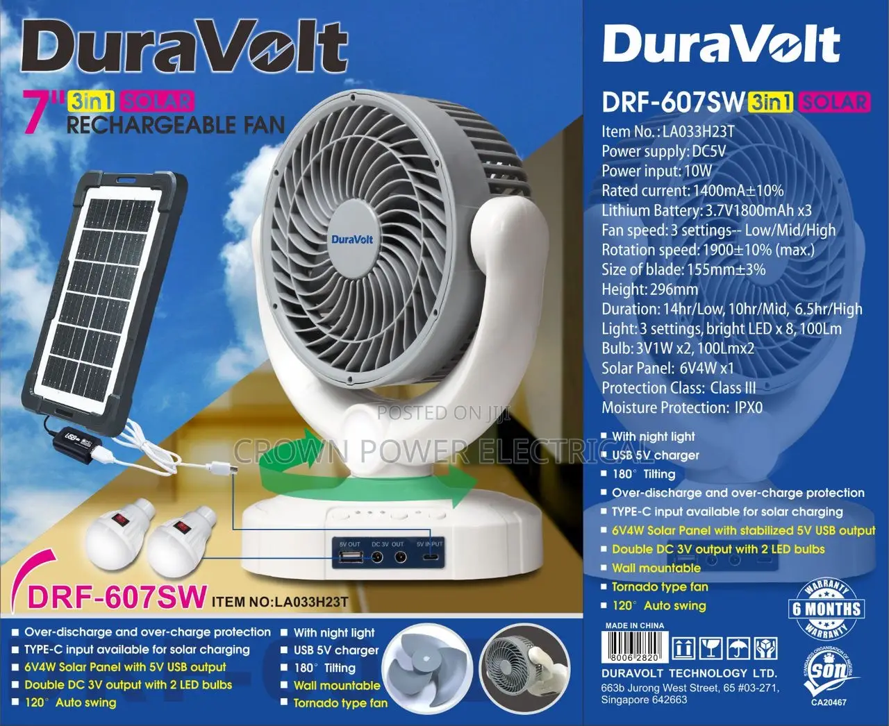 Duravolt 7inch 3 in 1 Rechargeable Solar Fan