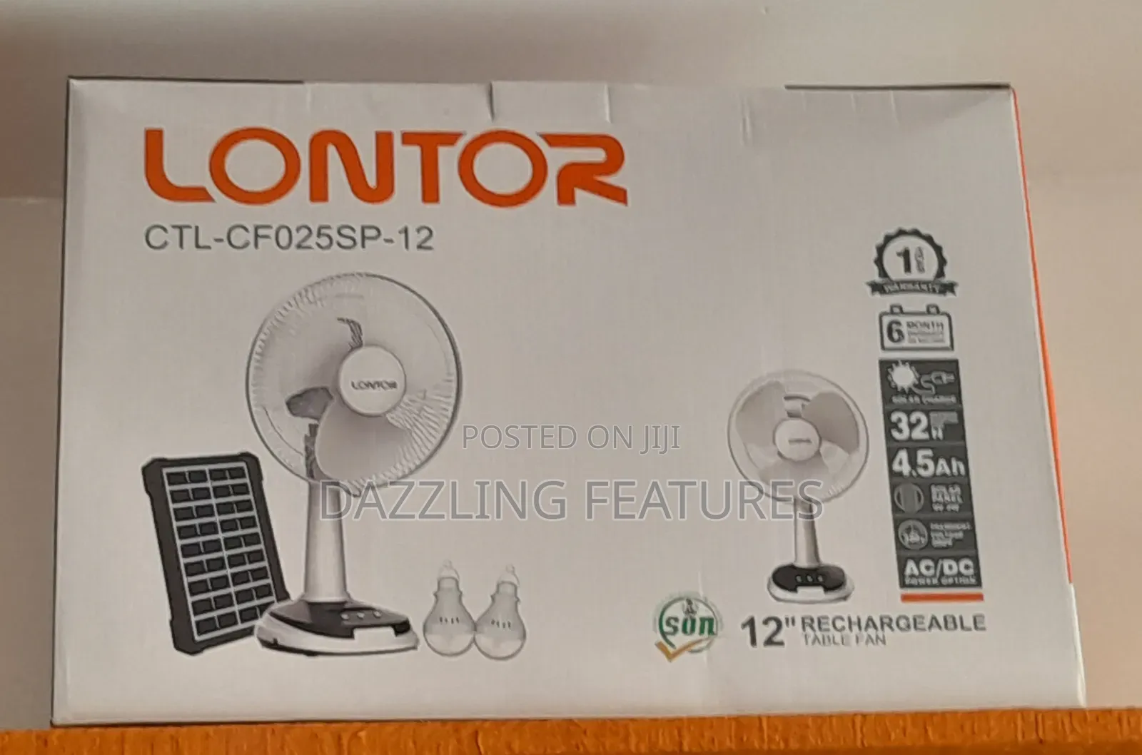 Original Lontor 12" Rechargeable Fan With Solar Panel and 2 Bulbs