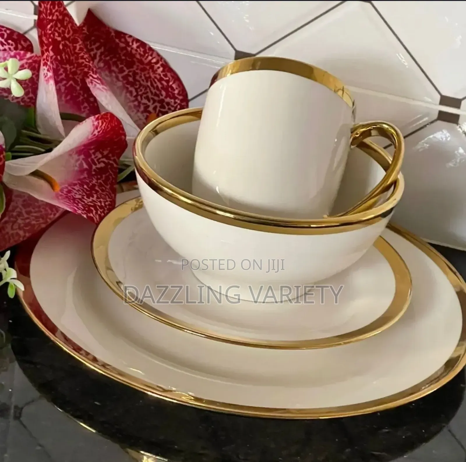 16pcs Dinner Set - White Colour With Gold Rim