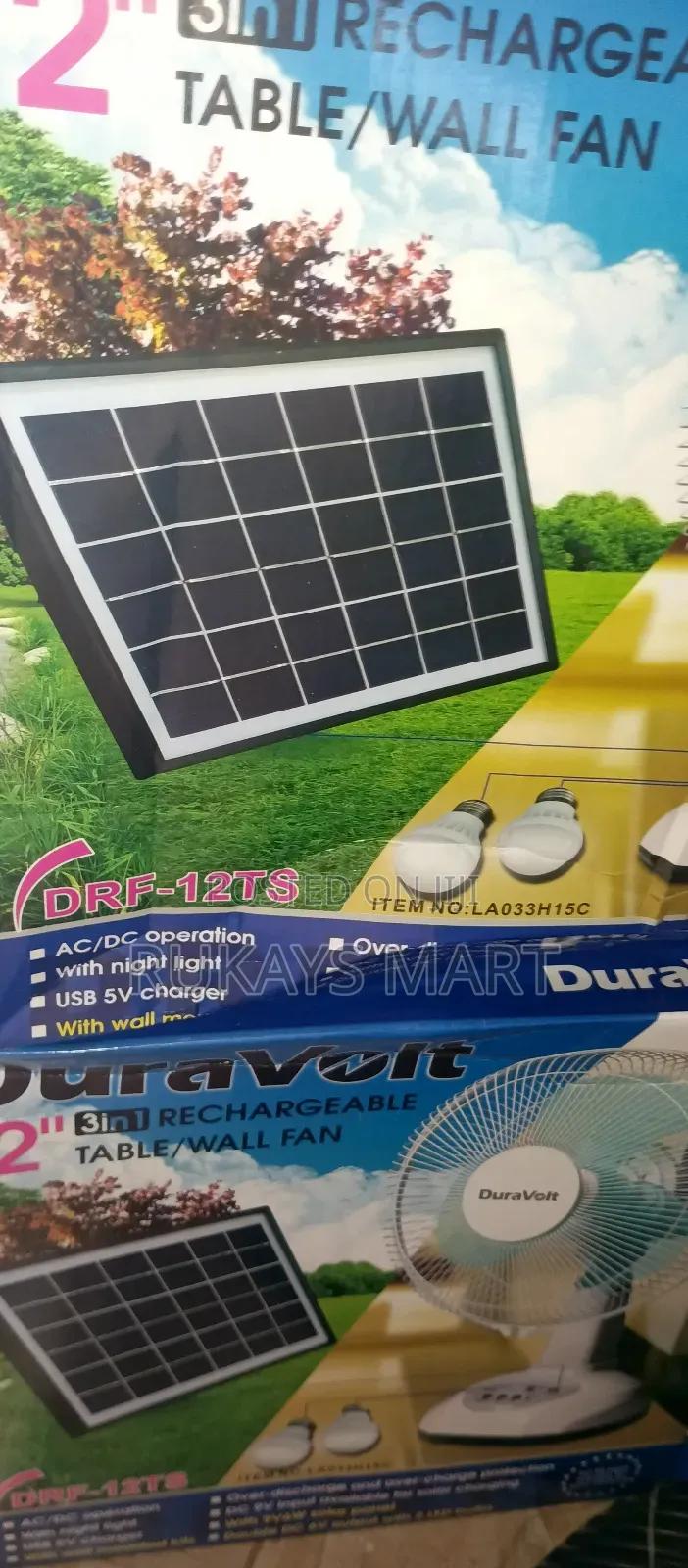 Duravolt 12inch 3in1 Rechargeable Solar Fan