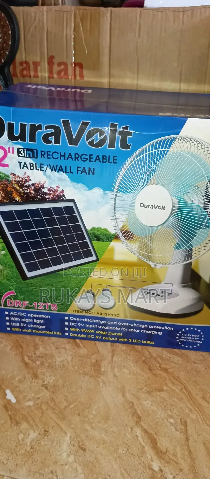 Duravolt 12inch 3in1 Rechargeable Solar Fan