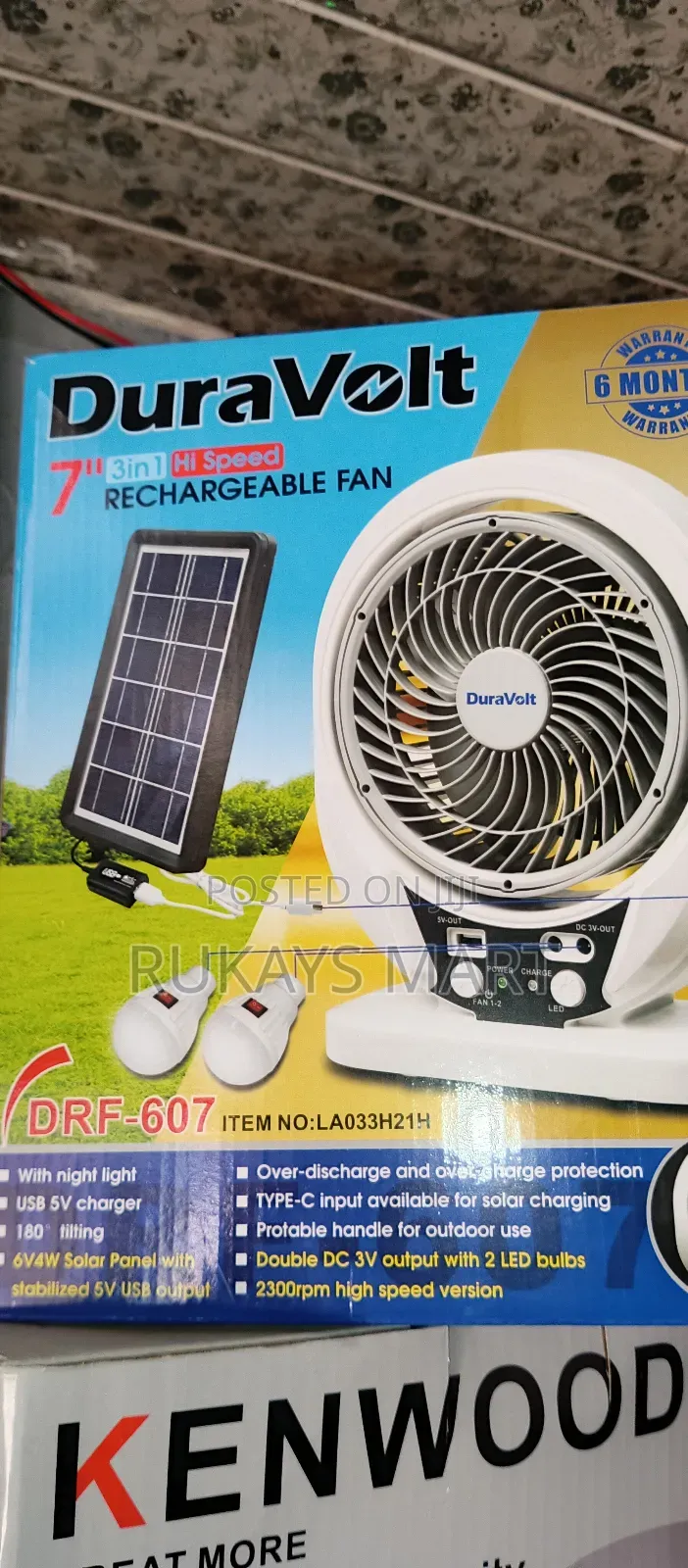 Duravolt 7inch 3in1 Rechargeable Solar Fan With 2 Bulb