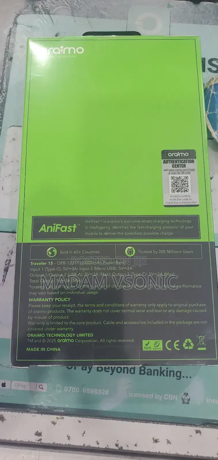 Oraimo 20,000mah Powerbank (Traveler 15 Opb-1201p)