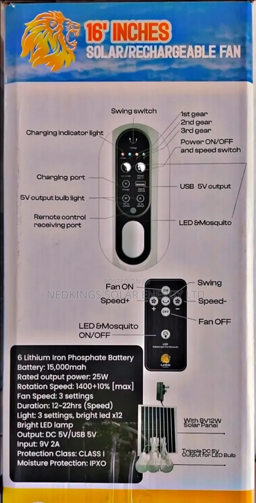 16 Inches Lion Solar/Rechargeable Fan