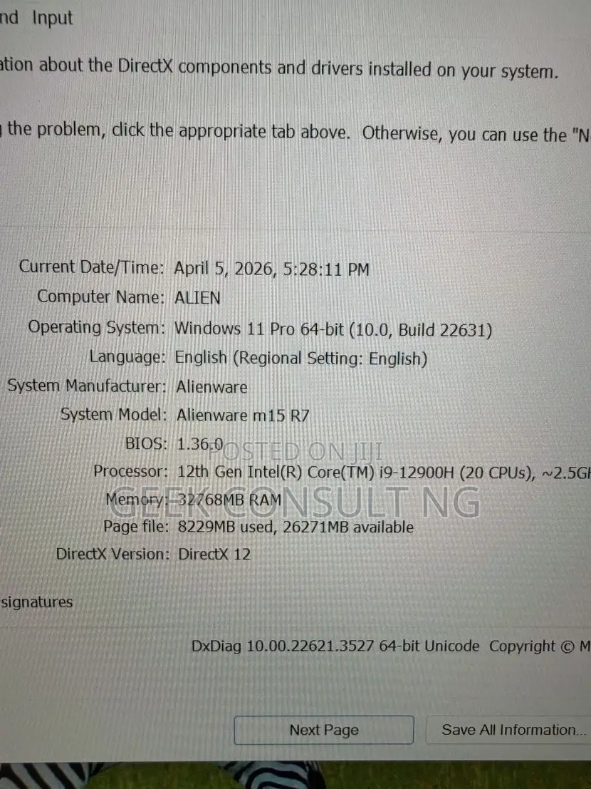 Laptop Dell Allenware M15 R5 32GB Intel Core i9 SSD 1T