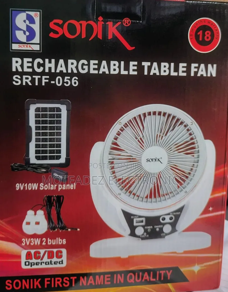 Sonik 6" Solar Rechargeable Table Fan With 2 Bulbs and Solar Panel