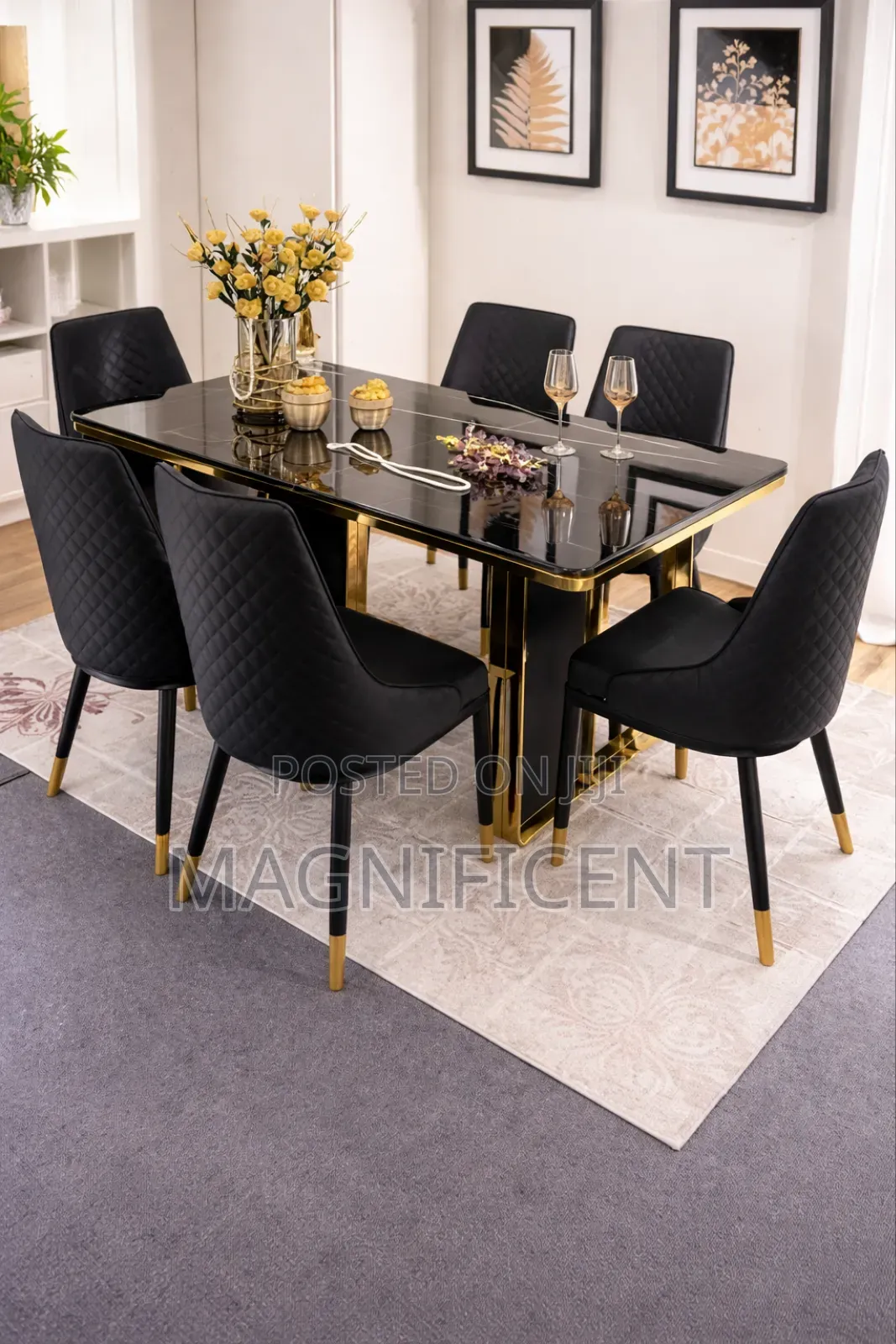 Premium Dining Set With 6 Chairs – Elegant Black Gold Design