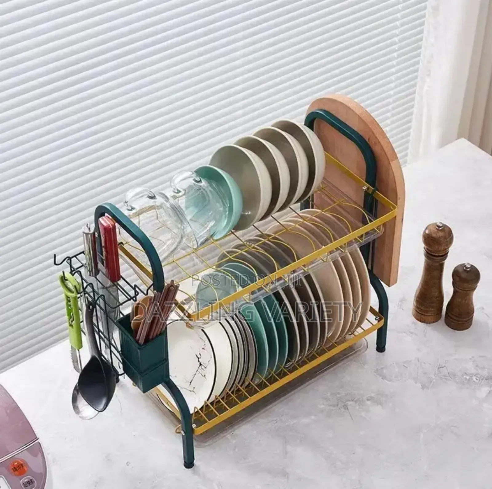 2 Steps Dish/Plate Drainer Rack - Green and Gold Colour